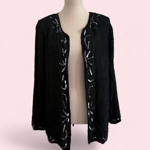 Vintage Black Silk Sequin & Beaded Evening Cardigan — Size XL